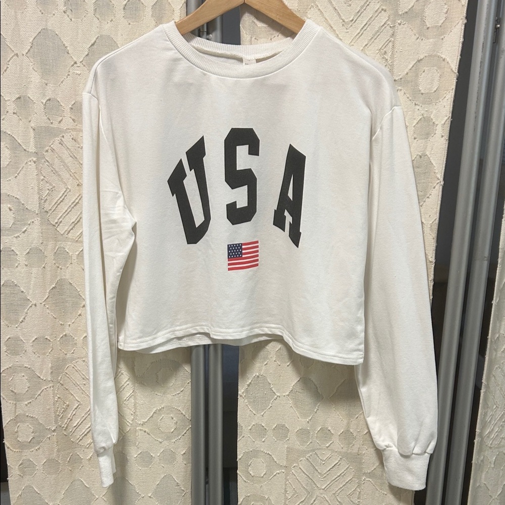USA Graphic White Long Sleeve Top Cropped Medium